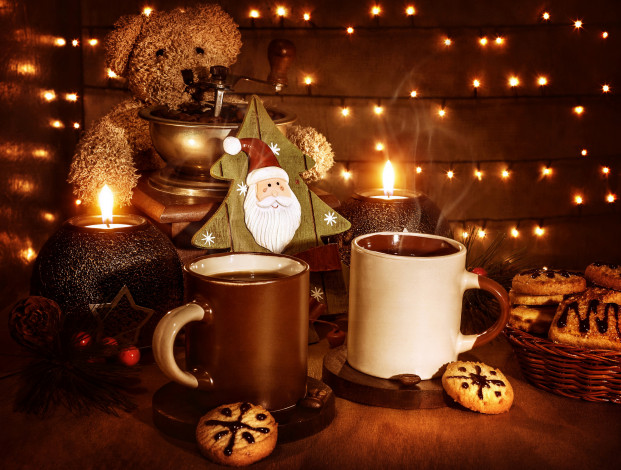 Обои картинки фото праздничные, угощения, новый, год, угощение, кофе, печенье, свеча