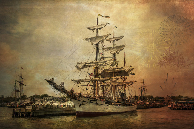 Обои картинки фото корабли, парусники, корабль, причал, hdr, фейерверк, порт