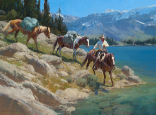Картинка рисованное живопись озеро лошади ковбой деревья горы небо пейзаж anton bill