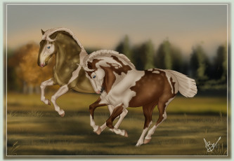 обоя рисованное, животные,  лошади, лошади, бег