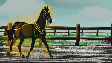 Картинка рисованное животные +лошади забор лошадь