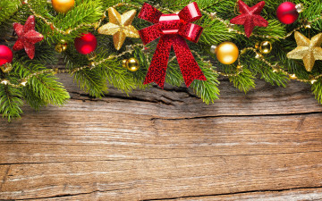 Картинка праздничные украшения christmas merry звезды бант ветки елка шары decoration wood рождество новый год