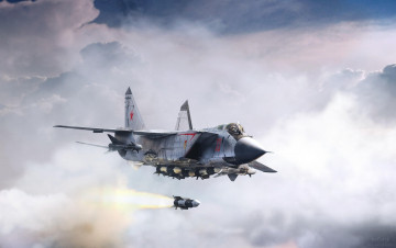Картинка авиация 3д рисованые v-graphic облака небо ракета полет самолет миг
