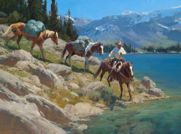Обои картинки фото рисованное, живопись, озеро, лошади, ковбой, деревья, горы, небо, пейзаж, anton, bill
