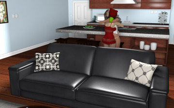 Картинка 3д+графика люди+ people подушки взгляд девушки диван кухня интерьер фон