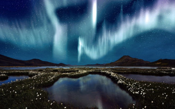 Картинка природа северное+сияние небо сияние цветы трава ночь озера горы