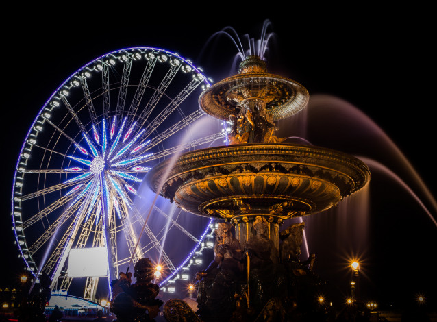 Обои картинки фото paris, города, париж , франция, фонтан, колесо, ночь