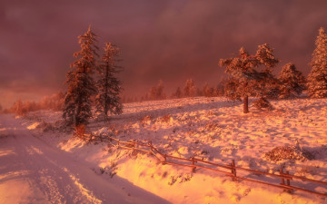 Картинка природа зима дорога забор