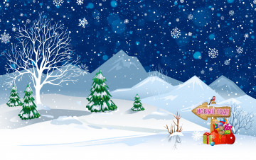 Картинка праздничные векторная+графика+ новый+год елка фон новый год указатель снежинки Ёлка мешок зима праздник снег горы подарки