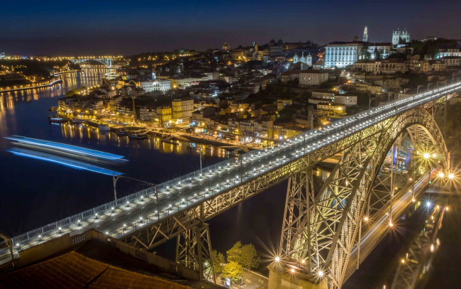 Обои картинки фото города, - мосты, порто, понте, луис, i, португалия, река, дору, крыши, огни, ночь