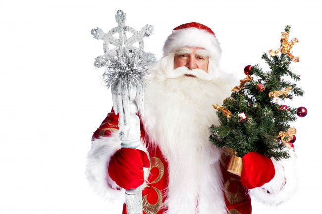 Обои картинки фото праздничные, дед мороз,  санта клаус, борода, шапка, санта-клаус, белый, фон, новый, год, дед, мороз, шуба, праздник, посох, варежки, ёлка, красная, игрушки, рождество