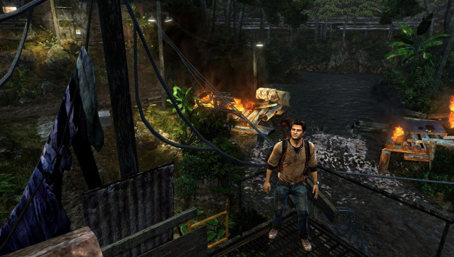 Обои картинки фото видео игры, uncharted,  golden abyss, мужчина, река, поселок