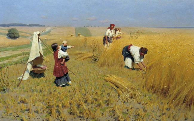 Обои картинки фото рисованное, николай пимоненко, жатва, поле, женщины, дети