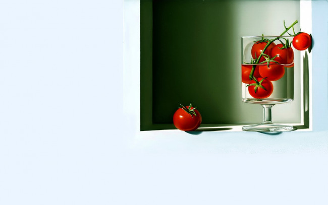 Обои картинки фото рисованное, еда, помидоры, бокал, вода, ниша