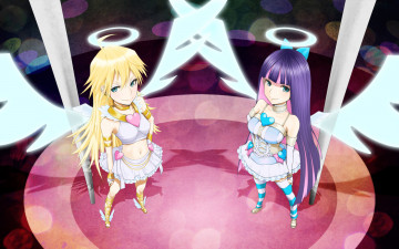 обоя аниме, panty, stocking, with, garterbelt, нимб, крылья, платья