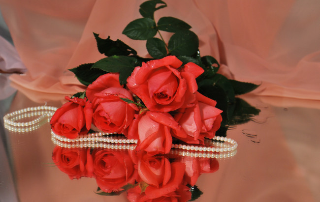 Обои картинки фото цветы, розы, бусы, украшение, отражение