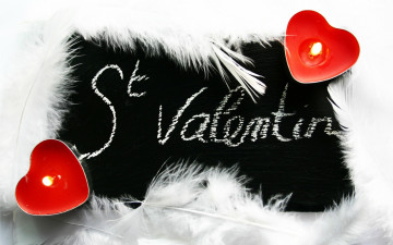 обоя праздничные, день, св, валентина, сердечки, любовь, надпись, перья, свечи