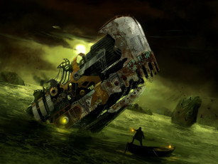 Картинка фэнтези роботы +киборги +механизмы кашалот фонарь кит лодка робот человек море