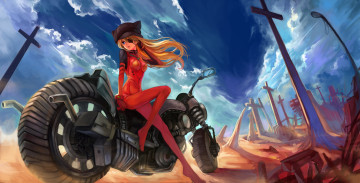 Картинка by+summercards аниме evangelion девушка повязка облака кресты soryu asuka langley небо пустыня костюм шапка мотоцикл