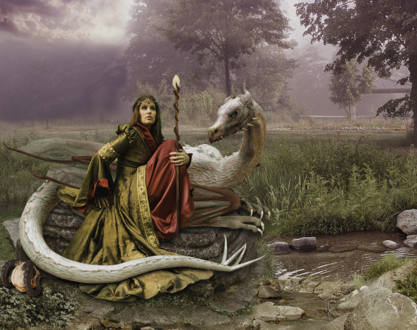 Обои картинки фото фэнтези, красавицы и чудовища, девушка, дракон, меч