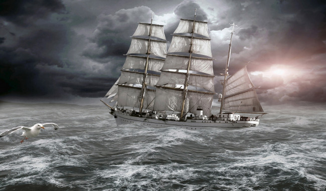 Обои картинки фото корабли, парусники, чайка, шторм, море, парусник