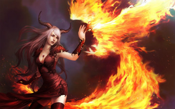 Картинка фэнтези демоны девушка демон демонесса рога феникс огонь птица