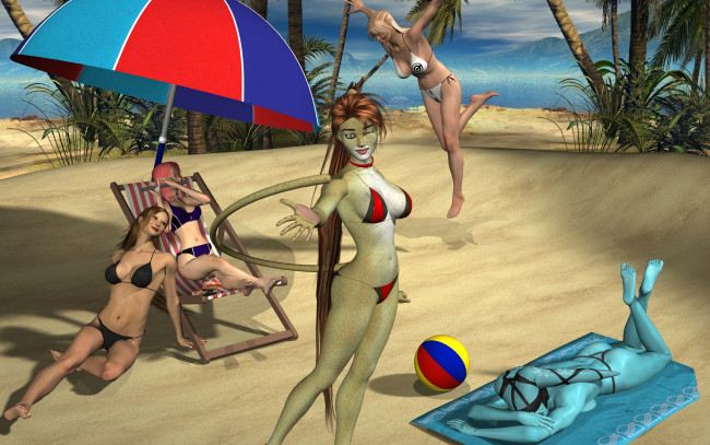 Обои картинки фото 3д графика, люди , people, зонтик, халки, шезлонг, пляж, фон, взгляд, девушки