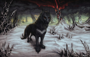 обоя рисованное, животные,  волки, лес, снег, волк
