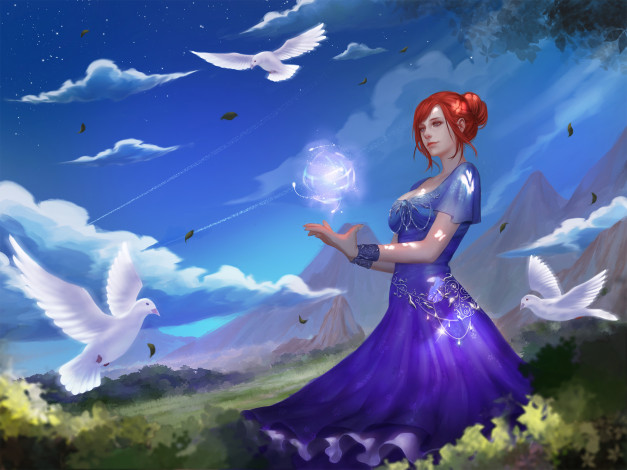Обои картинки фото фэнтези, магия, голуби, облака, небо, шар, девушка, арт, платье, рыжая
