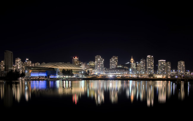 Обои картинки фото города, ванкувер , канада, город, набережная, ванкувер, vancouver, огни, ночной, ночь, отражение, река