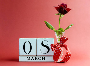 обоя праздничные, международный женский день - 8 марта, роза, бант, надпись