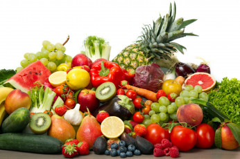 обоя еда, фрукты и овощи вместе, виноград, арбуз, ананас, капуста, перец, помидоры, огурцы томаты, груши