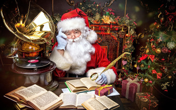 Картинка праздничные дед+мороз +санта+клаус грамофон елка санта книги