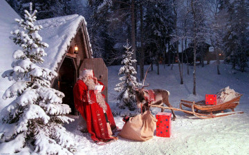 обоя праздничные, дед мороз,  санта клаус, снег, санта, мешок, сани, олень