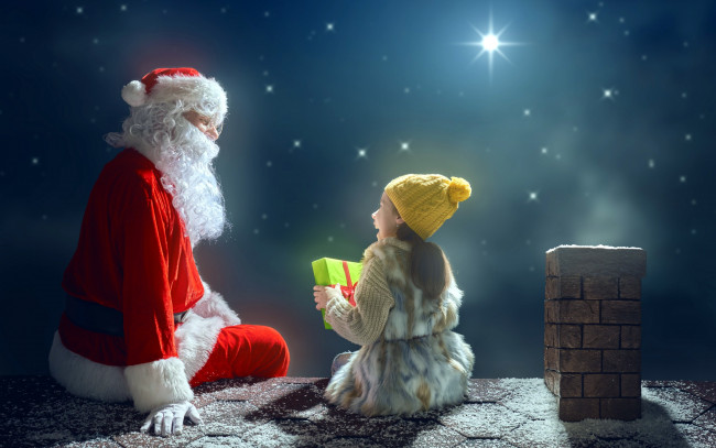 Обои картинки фото праздничные, дед мороз,  санта клаус, подарок, девочка, звезды, санта