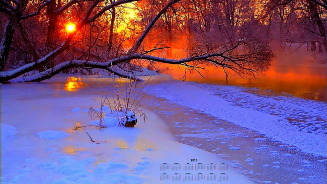 Обои картинки фото календари, природа, деревья, зима, снег, водоем, лед, 2018