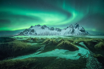 Картинка природа северное+сияние гора сияние исландия
