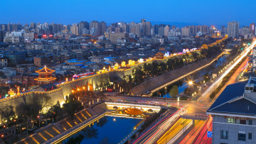 Картинка городская+стена города -+панорамы достопримечательности сиань китай городская стена освещение вечер
