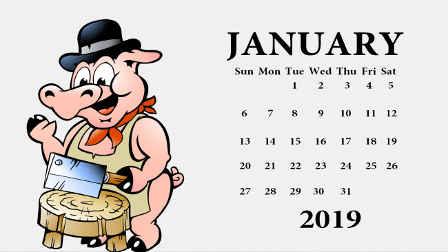 Обои картинки фото календари, рисованные,  векторная графика, поросенок, шляпа, свинья, фартук, тесак