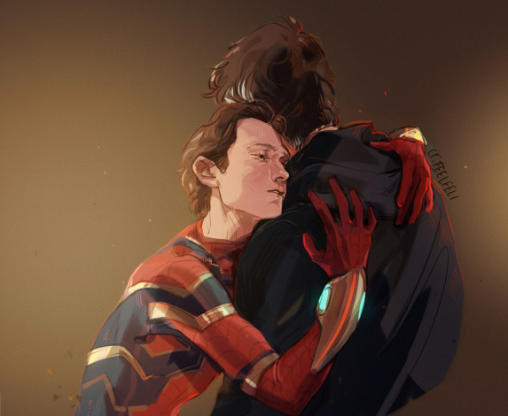 Обои картинки фото рисованное, кино, spider, man, homecoming, тони, старк, том, холланд, арт, starker, человек, паук, возвращение, домой, роберт, дауни, мл, старкер, объятия, питер, пакер