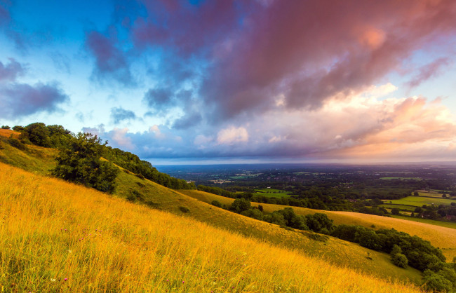 Обои картинки фото south downs,  plumpton,  england, природа, горы, тучи, долина, склон