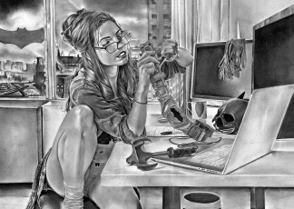 Картинка рисованное кино +мультфильмы девушка фон ноутбук атрибуты окно тень летучая мышь