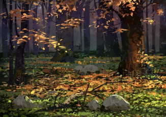 Картинка рисованное природа лес осень камни