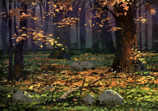 Обои картинки фото рисованное, природа, лес, осень, камни