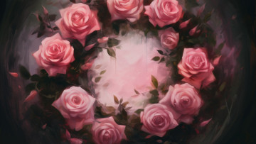 Картинка рисованное цветы розы круг розовые живопись композиция имитация живописи ии-арт