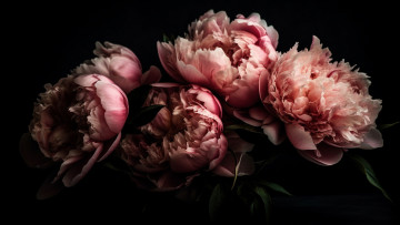 Картинка рисованное цветы темный фон букет розовые пионы пышные махровые ии-арт