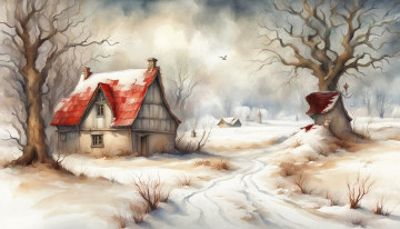 обоя рисованное, природа, дом, деревья, живопись, зима