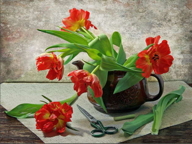 Обои картинки фото irina, kotlova, натюрморт, тюльпанами, ножницами, цветы, тюльпаны