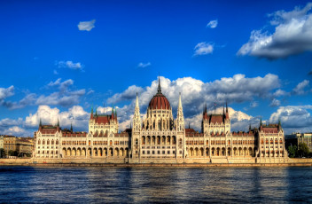 обоя города, будапешт, венгрия, парламент, купол, небо, вода