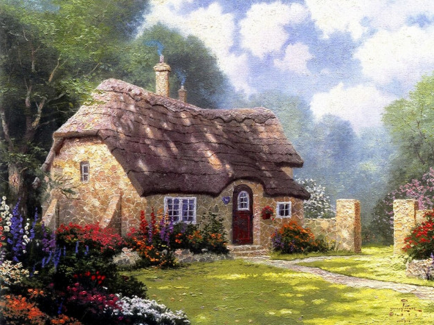 Обои картинки фото cottage, in, the, forest, рисованные, thomas, kinkade, томас, кинкейд, painting, коттедж, домик, красивый, summer, живопись